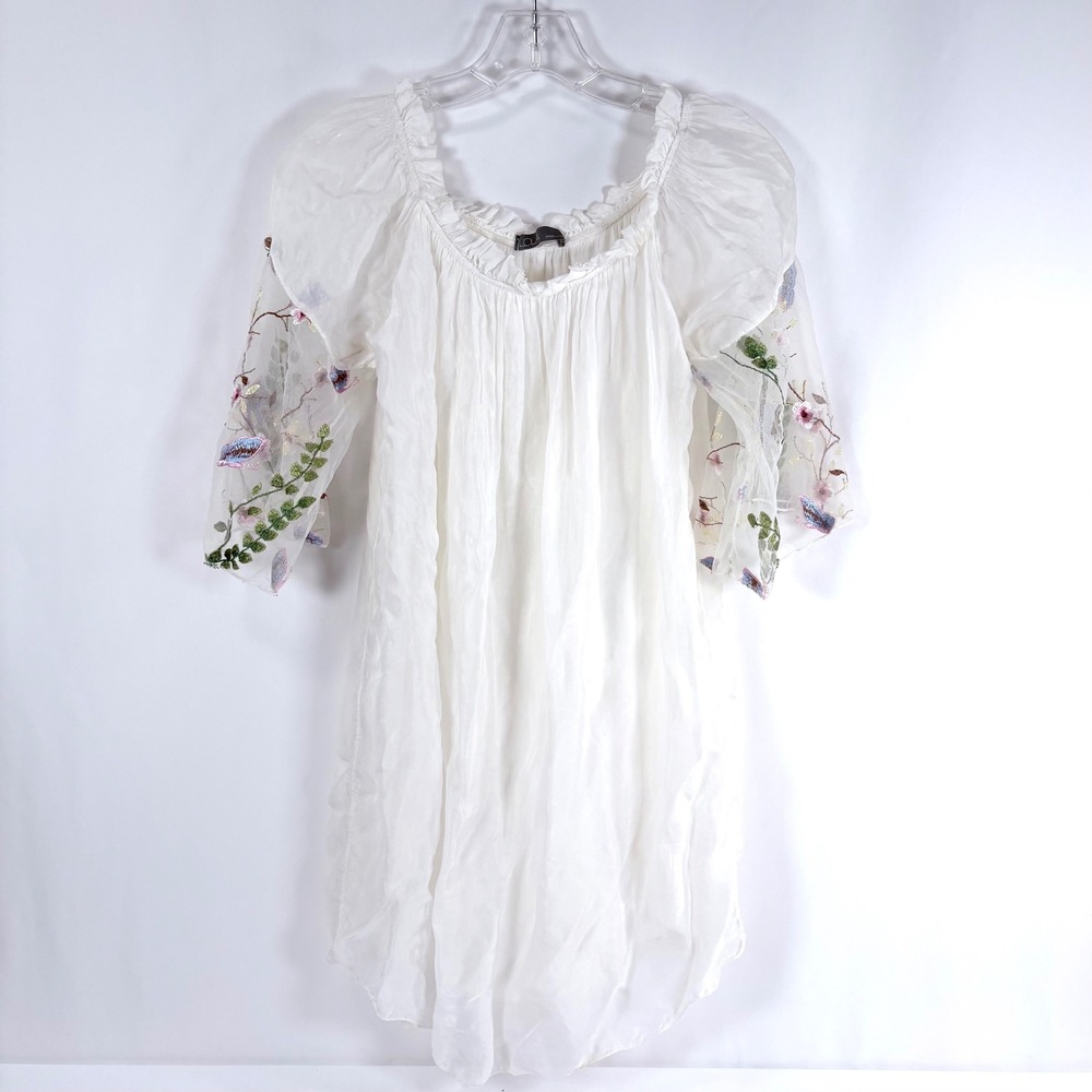 Lola Silk Tunic Top White Embroidered‎ Mesh Sleeve Renfair Boho Festival Fairy